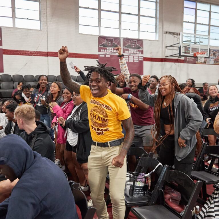 Photo of students excited on campus